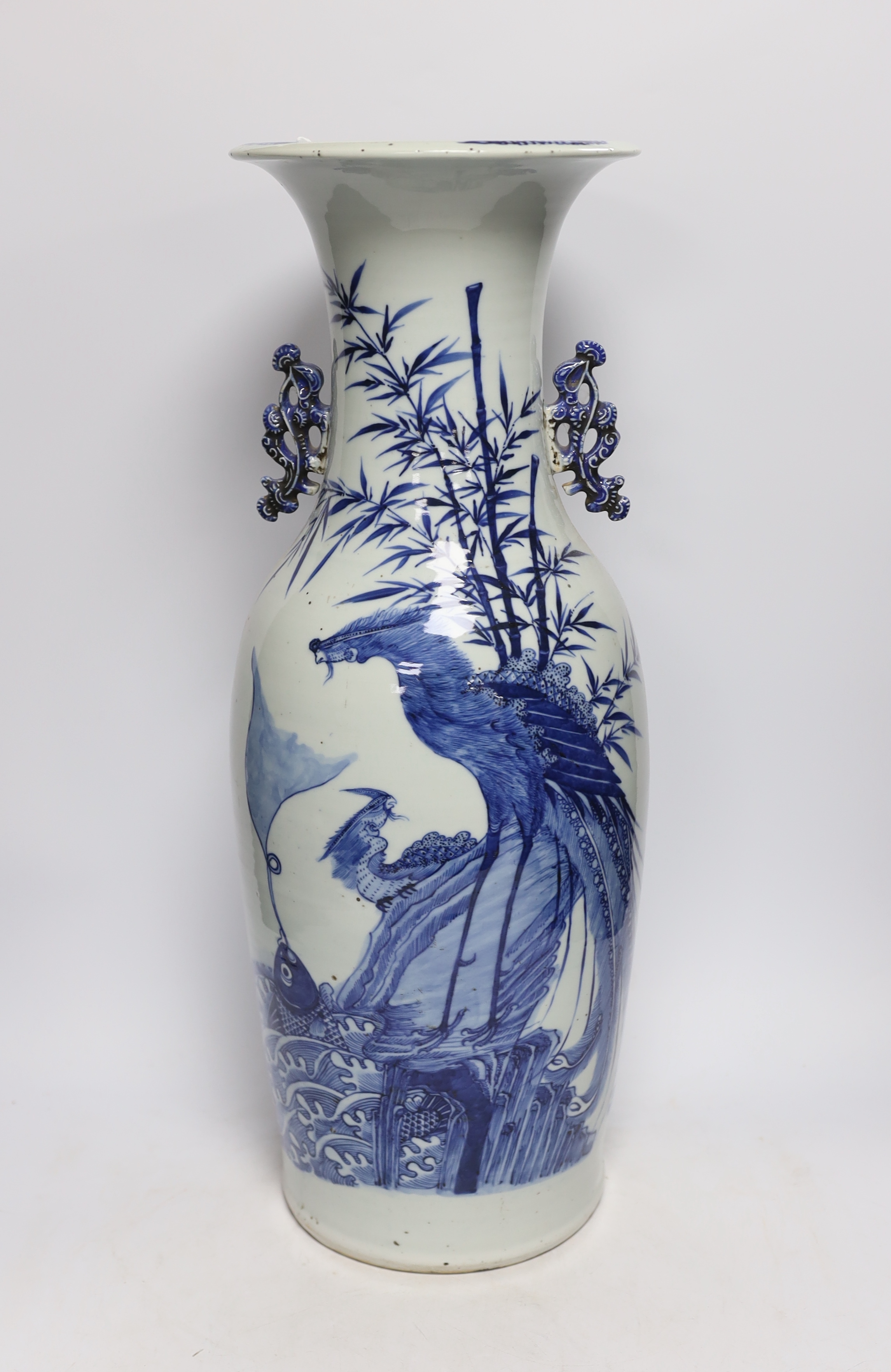 A large Chinese blue and white ‘phoenix and leaping carp’ baluster vase, late 19th century, 59cm high